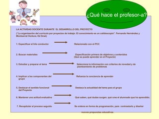   LA ACTIVIDAD DOCENTE DURANTE  EL DESARROLLO DEL PROYECTO (“La organización del currículo por proyectos de trabajo. El conocimiento es un calidoscopio”. Fernando Hernández y Montserrat Ventura. Ed Graó)   1. Especificar el hilo conductor  Relacionado con el PCC   2. Buscar materiales  Especificación primera de objetivos y contenidos (Qué se puede aprender en el Proyecto) 3. Estudiar y preparar el tema  Selecciona la información con criterios de novedad y de  planteamiento de problemas   4. Implicar a los componentes del  Refuerza la conciencia de aprender  grupo 5. Destacar el sentido funcional  Destaca la actualidad del tema para el grupo del Proyecto    6. Mantener una actitud evaluativa  Qué saben, qué dudas surgen, qué cree el alumnado que ha aprendido.   7. Recapitular el proceso seguido  Se ordena en forma de programación, para  contrastarlo y diseñar  nuevas propuestas educativas   ¿Qué hace el profesor-a? 