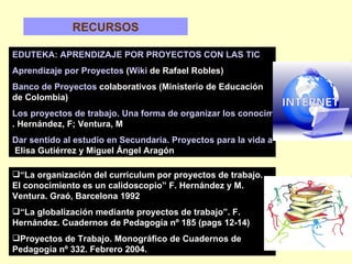RECURSOS EDUTEKA: APRENDIZAJE POR PROYECTOS CON LAS TIC   Aprendizaje por Proyectos   ( Wiki  de Rafael Robles)   Banco de Proyectos  colaborativos  (Ministerio de Educación de Colombia)   Los proyectos de trabajo. Una forma de organizar los conocimientos escolares . Hernández, F; Ventura, M Dar sentido al estudio en Secundaria. Proyectos para la vida adulta  Elisa Gutiérrez y Miguel Ángel Aragón “ La organización del curriculum por proyectos de trabajo. El conocimiento es un calidoscopio” F. Hernández y M. Ventura. Graó, Barcelona 1992 “ La globalización mediante proyectos de trabajo”. F. Hernández. Cuadernos de Pedagogía nº 185 (pags 12-14) Proyectos de Trabajo. Monográfico de Cuadernos de Pedagogía nº 332. Febrero 2004. 