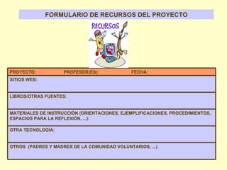 FORMULARIO DE RECURSOS DEL PROYECTO OTROS  (PADRES Y MADRES DE LA COMUNIDAD VOLUNTARIOS, ...) OTRA TECNOLOGÍA: MATERIALES DE INSTRUCCIÓN (ORIENTACIONES, EJEMPLIFICACIONES, PROCEDIMIENTOS, ESPACIOS PARA LA REFLEXIÓN, ...): LIBROS/OTRAS FUENTES: SITIOS WEB: PROYECTO:  PROFESOR(ES):  FECHA: 