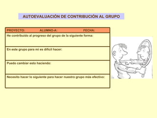AUTOEVALUACIÓN DE CONTRIBUCIÓN AL GRUPO Necesito hacer lo siguiente para hacer nuestro grupo más efectivo: Puedo cambiar esto haciendo: En este grupo para mí es difícil hacer: He contribuido al progreso del grupo de la siguiente forma: PROYECTO:  ALUMNO-A:  FECHA: 