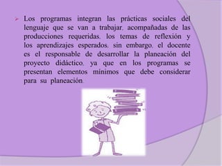    Los programas integran las prácticas sociales del
    lenguaje que se van a trabajar, acompañadas de las
    producciones requeridas, los temas de reflexión y
    los aprendizajes esperados; sin embargo, el docente
    es el responsable de desarrollar la planeación del
    proyecto didáctico, ya que en los programas se
    presentan elementos mínimos que debe considerar
    para su planeación.
 