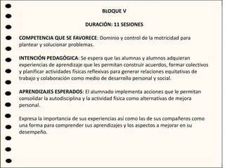 BLOQUE V
DURACIÓN: 11 SESIONES
COMPETENCIA QUE SE FAVORECE: Dominio y control de la motricidad para
plantear y solucionar problemas.
INTENCIÓN PEDAGÓGICA: Se espera que las alumnas y alumnos adquieran
experiencias de aprendizaje que les permitan construir acuerdos, formar colectivos
y planificar actividades físicas reflexivas para generar relaciones equitativas de
trabajo y colaboración como medio de desarrollo personal y social.
APRENDIZAJES ESPERADOS: El alumnado implementa acciones que le permitan
consolidar la autodisciplina y la actividad física como alternativas de mejora
personal.
Expresa la importancia de sus experiencias así como las de sus compañeros como
una forma para comprender sus aprendizajes y los aspectos a mejorar en su
desempeño.
 