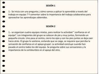 SESIÓN 1
1.- Se inicia con una pregunta ¿ cómo vamos a aplicar lo aprendido a través del
trabajo en equipo ? Y comentar sobre la importancia del trabajo colaborativo para
aprovechar los aprendizajes obtenidos.
SESIÓN 2
1.- se organizan cuatro equipos mixtos, para realizar la actividad “ confianza en el
equipo”. Los integrantes del grupo se colocan de pie y muy juntos, formando un
pequeño circulo. Uno pasa al centro, cierra los ojos y con los pies juntos se deja caer
hacia atrás. El grupo lo sostiene, evitando que se caiga, se requiere que perciba la
sensación de confianza en el apoyo grupal. La actividad concluye cuando han
pasado al centro todos los del equipo. Se pregunta sobre sus sensaciones y la
importancia de la certidumbre en el apoyo del otro.
 