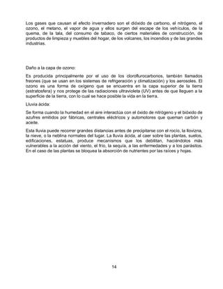 Los gases que causan el efecto invernadero son el dióxido de carbono, el nitrógeno, el
ozono, el metano, el vapor de agua y ellos surgen del escape de los vehículos, de la
quema, de la tala, del consumo de tabaco, de ciertos materiales de construcción, de
productos de limpieza y muebles del hogar, de los volcanes, los incendios y de las grandes
industrias.

Daño a la capa de ozono:
Es producida principalmente por el uso de los cloroflurocarbonos, también llamados
freones (que se usan en los sistemas de refrigeración y climatización) y los aerosoles. El
ozono es una forma de oxígeno que se encuentra en la capa superior de la tierra
(estratosfera) y nos protege de las radiaciones ultravioleta (UV) antes de que lleguen a la
superficie de la tierra, con lo cual se hace posible la vida en la tierra.
Lluvia ácida:
Se forma cuando la humedad en el aire interactúa con el óxido de nitrógeno y el bióxido de
azufres emitidos por fábricas, centrales eléctricos y automotores que queman carbón y
aceite.
Esta lluvia puede recorrer grandes distancias antes de precipitarse con el rocío, la llovizna,
la nieve, o la neblina normales del lugar. La lluvia ácida, al caer sobre las plantas, suelos,
edificaciones, estatuas, produce mecanismos que los debilitan, haciéndolos más
vulnerables a la acción del viento, el frío, la sequía, a las enfermedades y a los parásitos.
En el caso de las plantas se bloquea la absorción de nutrientes por las raíces y hojas.

14

 