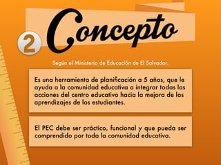 Es una herramienta de planiﬁcación a 5 años, que le
ayuda a la comunidad educativa a integrar todas las
acciones del centro educativo hacia la mejora de los
aprendizajes de los estudiantes.
El PEC debe ser práctico, funcional y que pueda ser
comprendido por toda la comunidad educativa.
2
Según el Ministerio de Educación de El Salvador.
Concepto
 