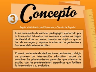 Es un documento de carácter pedagógico elaborado por
la Comunidad Educativa que enumera y deﬁne los rasgos
de identidad de un centro, formula los objetivos que se
han de conseguir y expresa la estructura organizativa y
funcional del centro educativo.
Conjunto coherente de declaraciones destinadas a dirigir
un proceso de intervención educativa, habrá de
combinar los planteamientos generales que orientan la
acción, con los planteamientos especíﬁcos que facilitan
la intervención y su evolución.
3
Según el Ministerio de Educación y Ciencia de España.
Concepto
 