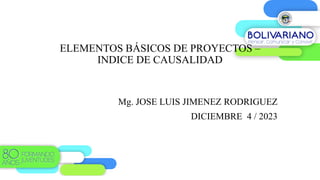 ELEMENTOS BÁSICOS DE PROYECTOS –
INDICE DE CAUSALIDAD
Mg. JOSE LUIS JIMENEZ RODRIGUEZ
DICIEMBRE 4 / 2023
 