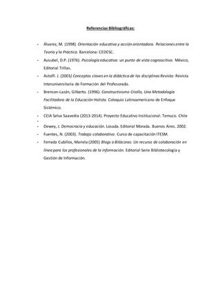 Referencias Bibliográficas:
- Álvarez, M. (1998). Orientación educativa y acción orientadora. Relaciones entre la
Teoría y la Práctica. Barcelona: CEDESC.
- Ausubel, D.P. (1976). Psicología educativa: un punto de vista cognoscitivo. México,
Editorial Trillas.
- Astolfi. J. (2003) Conceptos claves en la didáctica de las disciplinas Revista: Revista
Interuniversitaria de Formación del Profesorado.
- Brenson-Lazán, Gilberto. (1996). Constructivismo Criollo, Una Metodología
Facilitadora de la Educación Holista. Coloquio Latinoamericano de Enfoque
Sistémico.
- CEIA Selva Saavedra (2013-2014). Proyecto Educativo Institucional. Temuco. Chile
-
- Dewey, J. Democracia y educación. Losada. Editorial Morada. Buenos Aires. 2002.
- Fuentes, N. (2003). Trabajo colaborativo. Curso de capacitación ITESM.
- Ferrada Cubillos, Mariela (2005) Blogs o Bitácoras: Un recurso de colaboración en
línea para los profesionales de la información. Editorial Serie Bibliotecología y
Gestión de Información.
 