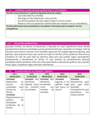 IV. CRITERIOS CLAROS DE EVALUACIÓN PARA EL ESTUDIANTE:
Escribe rimas teniendo en cuenta lo siguiente (Lista de cotejo):
− Que trate sobre los animales.
− Que haga uso de mayúsculas, coma y punto.
− Las últimas palabras de cada reglón tengan el mismo sonido.
− Revisa tu rima con ayuda de tu familia antes de compartir con tus compañeros.
Escribe adivinanzas que te plantearon tus padres o hermanos para compartir con tus
compañeros.
V. SITUACIÓN SIGNIFICATIVA
Queridas familias, les damos la bienvenida a “Aprendo en casa”, plataforma virtual donde
compartiremos diversas actividades que les permitirán disfrutar y aprender en el hogar. Ante la
situación que estamos viviendo como sociedad, seguro les han surgido algunas preguntas, por
ejemplo: ¿Qué podemos hacer para sentirnos mejor en familia? ¿Cómo podemos divertirnos y
compartir sin salir de casa? Aquí les daremos ideas para que puedan seguir aprendiendo,
compartiendo y divirtiéndose en familia. En esta semana, les presentaremos diversas
actividades lúdicas donde las niñas y los niños aprenderán a representar gráficos, leer y escribir
rimas, jugar a la gallinita ciega y descubrir adivinanzas.
VI. PLANIFICADOR DE ACTIVIDADES: SEMANA 1
DIA 1
06/04/2020
DIA2
07/04/2020
DIA3
08/04/2020
DIA4
09/04/2020
DIA5
10/04/2020
Actividad:
Elaboramos un
horario de
actividades para
divertirnos en
familia
Actividad:
Representamos en
gráficos las
actividades
preferidas de la
familia
Actividad: Nos
divertimos
leyendo rimas
con nombres
de animales
Actividad: Nos
divertimos
escribiendo
rimas con
nombres de
animales
Actividad:
Jugamos a “La
gallinita ciega
que busca un
tesoro”
Actividad:
Descubrimos: ¿qué
será, ¿qué será?
Actividad:
Compartimos lo que
aprendimos con
nuestra familia
 