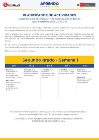 PLANIFICADOR DE ACTIVIDADES
Experiencia de aprendizaje: Nos organizamos en familia
para cuidarnos de la COVID-19
Segundo grado - Semana 1
Queridas familias, les damos la bienvenida a “Aprendo en casa”, plataforma virtual donde compartiremos
diversas actividades que les permitirán disfrutar y aprender en el hogar.
Ante la situación que estamos viviendo como sociedad, seguro les han surgido algunas preguntas, por
ejemplo: ¿Qué podemos hacer para sentirnos mejor en familia? ¿Cómo podemos divertirnos y compartir sin
salir de casa? Aquí les daremos ideas para que puedan seguir aprendiendo, compartiendo y divirtiéndose en
familia.
En esta semana, les presentaremos diversas actividades lúdicas donde las niñas y los niños aprenderán a
representar gráﬁcos, leer y escribir rimas, jugar a la gallinita ciega y descubrir adivinanzas.
Estas serán las actividades a realizar:
DÍA 1 DÍA 2 DÍA 3 DÍA 4 DÍA 5
Actividad:
Elaboramos un
horario de
actividades para
divertirnos en familia
Actividad:
Representamos en
gráﬁcos las
actividades
preferidas de la
familia
Actividad: Nos
divertimos
escribiendo rimas
con nombres de
animales
Actividad: Jugamos
a “La gallinita ciega
que busca un tesoro”
Actividad:
Descubrimos: ¿qué
será, qué será?
Actividad:
Compartimos lo que
aprendimos con
nuestra familia
Actividad: Nos
divertimos leyendo
rimas con nombres
de animales
Recuerden: en familia, organicen su tiempo para el desarrollo de las actividades tomando en
cuenta las tareas propias del hogar. Bríndense todo el apoyo necesario.
¡Esperamos que juntos disfruten mucho de este tiempo de aprendizajes en familia!
DIRECCIÓN DE EDUCACIÓN PRIMARIA
 