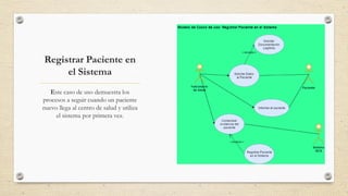 Registrar Paciente en
el Sistema
Este caso de uso demuestra los
procesos a seguir cuando un paciente
nuevo llega al centro de salud y utiliza
el sistema por primera vez.
 