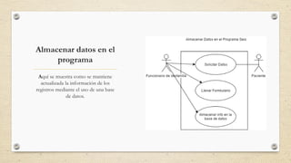 Almacenar datos en el
programa
Aquí se muestra como se mantiene
actualizada la información de los
registros mediante el uso de una base
de datos.
 