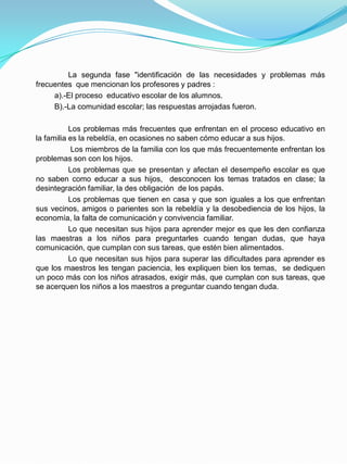 La segunda fase "identificación de las necesidades y problemas más
frecuentes que mencionan los profesores y padres :
     a).-El proceso educativo escolar de los alumnos.
     B).-La comunidad escolar; las respuestas arrojadas fueron.

           Los problemas más frecuentes que enfrentan en el proceso educativo en
la familia es la rebeldía, en ocasiones no saben cómo educar a sus hijos.
            Los miembros de la familia con los que más frecuentemente enfrentan los
problemas son con los hijos.
           Los problemas que se presentan y afectan el desempeño escolar es que
no saben como educar a sus hijos, desconocen los temas tratados en clase; la
desintegración familiar, la des obligación de los papás.
           Los problemas que tienen en casa y que son iguales a los que enfrentan
sus vecinos, amigos o parientes son la rebeldía y la desobediencia de los hijos, la
economía, la falta de comunicación y convivencia familiar.
           Lo que necesitan sus hijos para aprender mejor es que les den confianza
las maestras a los niños para preguntarles cuando tengan dudas, que haya
comunicación, que cumplan con sus tareas, que estén bien alimentados.
           Lo que necesitan sus hijos para superar las dificultades para aprender es
que los maestros les tengan paciencia, les expliquen bien los temas, se dediquen
un poco más con los niños atrasados, exigir más, que cumplan con sus tareas, que
se acerquen los niños a los maestros a preguntar cuando tengan duda.
 