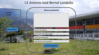 I.E Antonio José Bernal Londoño
Nombre
Cargo
Cerrar sesión
Nueva anotación
Guardar anotación
Nombre estudiante
Documento del responsable
descargos estudiante
descripción de la anotación
 