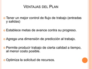 VENTAJAS DEL PLAN
 Tener

un mejor control de flujo de trabajo (entradas
y salidas)

 Establece
 Agrega

metas de avance contra su progreso.

una dimensión de predicción al trabajo.

 Permite

producir trabajo de cierta calidad a tiempo,
al menor costo posible.

 Optimiza

la solicitud de recursos.

 