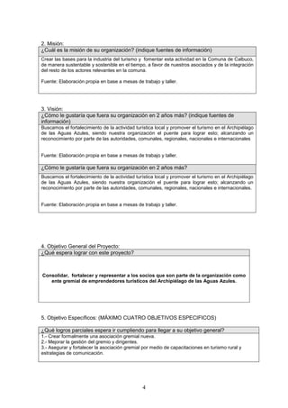 2. Misión:
¿Cuál es la misión de su organización? (indique fuentes de información)
Crear las bases para la industria del turismo y fomentar esta actividad en la Comuna de Calbuco,
de manera sustentable y sostenible en el tiempo, a favor de nuestros asociados y de la integración
del resto de los actores relevantes en la comuna.

Fuente: Elaboración propia en base a mesas de trabajo y taller.




3. Visión:
¿Cómo le gustaría que fuera su organización en 2 años más? (indique fuentes de
información)
Buscamos el fortalecimiento de la actividad turística local y promover el turismo en el Archipiélago
de las Aguas Azules, siendo nuestra organización el puente para lograr esto; alcanzando un
reconocimiento por parte de las autoridades, comunales, regionales, nacionales e internacionales


Fuente: Elaboración propia en base a mesas de trabajo y taller.

¿Cómo le gustaría que fuera su organización en 2 años más?
Buscamos el fortalecimiento de la actividad turística local y promover el turismo en el Archipiélago
de las Aguas Azules, siendo nuestra organización el puente para lograr esto; alcanzando un
reconocimiento por parte de las autoridades, comunales, regionales, nacionales e internacionales.


Fuente: Elaboración propia en base a mesas de trabajo y taller.




4. Objetivo General del Proyecto:
¿Qué espera lograr con este proyecto?



Consolidar, fortalecer y representar a los socios que son parte de la organización como
   ente gremial de emprendedores turísticos del Archipiélago de las Aguas Azules.




5. Objetivo Específicos: (MÁXIMO CUATRO OBJETIVOS ESPECIFICOS)

¿Qué logros parciales espera ir cumpliendo para llegar a su objetivo general?
1.- Crear formalmente una asociación gremial nueva.
2.- Mejorar la gestión del gremio y dirigentes.
3.- Asegurar y fortalecer la asociación gremial por medio de capacitaciones en turismo rural y
estrategias de comunicación.




                                               4
 