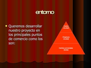entorno Queremos desarrollar nuestro proyecto en los principales puntos de comercio como los son: Centro (ciudad) Chapinero (ciudad) Centros comerciales  (todos) 