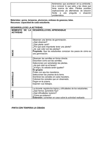 fenómenos que acontecen en su ambiente;
da a conocer lo que sabe y las ideas que
tiene acerca de ellos. Plantea posibles
explicaciones y/o alternativas de solución
frente a una pregunta o situación
problemática.
Materiales: goma, temperas, plumones, embase de gaseosa, latas.
Recursos: capacidad de cada estudiante.
DESARROLLO DE LA ACTIVIDAD.
MOMENTO DE LA
ACTIVIDAD
DESARROLLO DEL APRENDIZAJE
INICIO
Observan una lámina de germinación.
¿Qué observan?
¿Qué planta será?
¿Por qué será importante tener una planta?
¿de qué color son las plantas?
Propósito. Que los estudiantes conozcan los pasos de cómo es
una germinación.
DESARROLLO
Observan las semillas en forma directa.
Describen como son las semillas.
Seleccionan por variedades las plantas.
¿de qué color es el havas?
¿el trigo y la cebada serán iguales?
En grupos
Pintan con apu los maceteros.
Seleccionan las piedras de la tierra.
Siembran los cereales en cada macetero.
Colorean los cereales que an observado.
Pegan en la pizarra.
Exponen sus trabajos.
CIERRE
La docente registra los logros y dificultades de los estudiantes.
¿Qué hemos aprendido hoy?
¿Qué dificultades tuvieron?
¿Cómo se sintieron?
Extensión: comentan en casa sobre la actividad realizada
-PINTA CON TEMPERA LA CEBADA
 