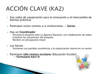  Son redes de cooperación para la innovación y el intercambio de
buenas prácticas
 Participan varios centros y/o instituciones → Socios
 Hay un Coordinador
◦ Presenta el proyecto ante su Agencia Nacional, con colaboración de todos.
◦ Coordina las actuaciones del proyecto
◦ Reciben un presupuesto mayor
 Los Socios
◦ Gestionan sus partidas económicas y la organización interna en su centro
 Participan sólo centros escolares (Educación Escolar)
→ Formulario KA219
 