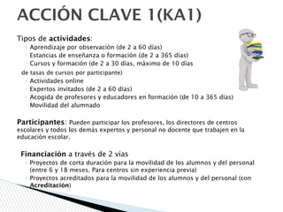Tipos de actividades:
◦ Aprendizaje por observación (de 2 a 60 días)
◦ Estancias de enseñanza o formación (de 2 a 365 días)
◦ Cursos y formación (de 2 a 30 días, máximo de 10 días
de tasas de cursos por participante)
◦ Actividades online
◦ Expertos invitados (de 2 a 60 días)
◦ Acogida de profesores y educadores en formación (de 10 a 365 días)
◦ Movilidad del alumnado
Participantes: Pueden participar los profesores, los directores de centros
escolares y todos los demás expertos y personal no docente que trabajen en la
educación escolar.
Financiación a través de 2 vías
◦ Proyectos de corta duración para la movilidad de los alumnos y del personal
(entre 6 y 18 meses. Para centros sin experiencia previa)
◦ Proyectos acreditados para la movilidad de los alumnos y del personal (con
Acreditación)
ACCIÓN CLAVE 1(KA1)
 