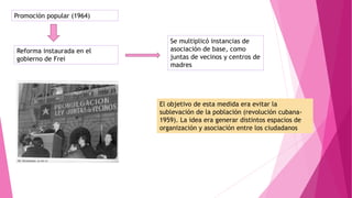 Promoción popular (1964)
Reforma instaurada en el
gobierno de Frei
Se multiplicó instancias de
asociación de base, como
juntas de vecinos y centros de
madres
El objetivo de esta medida era evitar la
sublevación de la población (revolución cubana-
1959). La idea era generar distintos espacios de
organización y asociación entre los ciudadanos
 