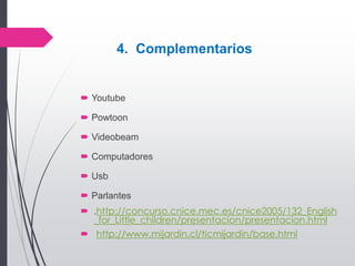  Youtube
 Powtoon
 Videobeam
 Computadores
 Usb
 Parlantes
 .http://concurso.cnice.mec.es/cnice2005/132_English
_fo...