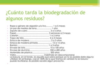 ¿Cuánto tarda la biodegradación de
algunos residuos?
• Ropa o género de algodón y/o lino............ 1 a 5 meses
• Un par de medias de lana.......................... 1 año
• Zapato de cuero........................................ 3 a 5 años
• Papel......................................................... 3 semanas a 2 meses
• Celofán...................................................... 1 a 2 años
• Trapo de tela............................................. 2 a 3 meses
• Estaca de madera...................................... 2 a 3 años
• Estaca de madera pintada......................... 12 a 15 años
• Bambú...................................................... 1 a 3 años
• Envase de lata........................................... 10 a 100 años
• Envase de aluminio................................... 350 a 400 años
• Materiales de plástico............................... 500 años
• Vidrio................................................. indefinido en descomponerse
La basura, en el fondo, es aquello que sobra porque ya no es posible darle alguna
utilidad. Sin embargo, casi el 100% de lo que tiramos en verdad no es basura:
puede reutilizarse, es posible sacarle algún provecho.
•
 