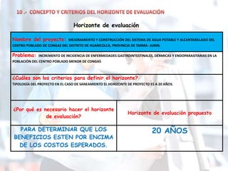 Horizonte de evaluación

Nombre del proyecto:         MEJORAMIENTO Y CONSTRUCCIÓN DEL SISTEMA DE AGUA POTABLE Y ALCANTARILLADO DEL
CENTRO POBLADO DE CONGAS DEL DISTRITO DE HUARICOLCA, PROVINCIA DE TARMA- JUNIN.

Problema:     INCREMENTO DE INCIDENCIA DE ENFERMEDADES GASTROINTESTINALES, DÉRMICAS Y ENDOPARASITARIAS EN LA
POBLACIÓN DEL CENTRO POBLADO MENOR DE CONGAS



¿Cuáles son los criterios para definir el horizonte?
TIPOLOGÍA DEL PROYECTO EN EL CASO DE SANEAMIENTO EL HORIZONTE DE PROYECTO ES A 20 AÑOS.




¿Por qué es necesario hacer el horizonte
                                                              Horizonte de evaluación propuesto
             de evaluación?

  PARA DETERMINAR QUE LOS                                                  20 AÑOS
BENEFICIOS ESTEN POR ENCIMA
  DE LOS COSTOS ESPERADOS.
 