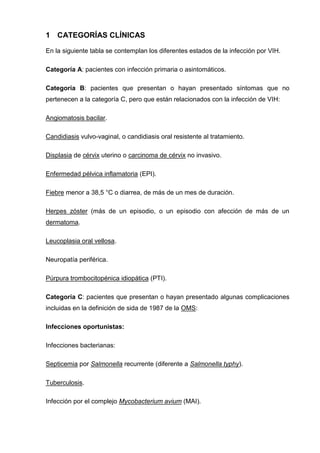 1 CATEGORÍAS CLÍNICAS 
En la siguiente tabla se contemplan los diferentes estados de la infección por VIH. 
Categoría A: pacientes con infección primaria o asintomáticos. 
Categoría B: pacientes que presentan o hayan presentado síntomas que no pertenecen a la categoría C, pero que están relacionados con la infección de VIH: 
Angiomatosis bacilar. 
Candidiasis vulvo-vaginal, o candidiasis oral resistente al tratamiento. 
Displasia de cérvix uterino o carcinoma de cérvix no invasivo. 
Enfermedad pélvica inflamatoria (EPI). 
Fiebre menor a 38,5 °C o diarrea, de más de un mes de duración. 
Herpes zóster (más de un episodio, o un episodio con afección de más de un dermatoma. 
Leucoplasia oral vellosa. 
Neuropatía periférica. 
Púrpura trombocitopénica idiopática (PTI). 
Categoría C: pacientes que presentan o hayan presentado algunas complicaciones incluidas en la definición de sida de 1987 de la OMS: 
Infecciones oportunistas: 
Infecciones bacterianas: 
Septicemia por Salmonella recurrente (diferente a Salmonella typhy). 
Tuberculosis. 
Infección por el complejo Mycobacterium avium (MAI).  