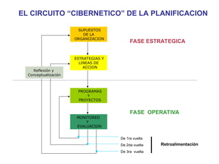 SUPUESTOS
DE LA
ORGANIZACION
PROGRAMAS
Y
PROYECTOS
ESTRATEGIAS Y
LINEAS DE
ACCION
MONITOREO
Y
EVALUACION
EL CIRCUITO “CIBERNETICO” DE LA PLANIFICACION
FASE ESTRATEGICA
FASE OPERATIVA
Retroalimentación
De 1ra vuelta
De 2da vuelta
De 3ra vuelta
Reflexión y
Conceptualización
 