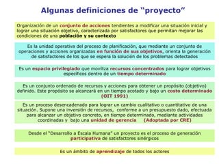Organización de un conjunto de acciones tendientes a modificar una situación inicial y
lograr una situación objetivo, caracterizada por satisfactores que permitan mejorar las
condiciones de una población y su contexto
Es la unidad operativa del proceso de planificación, que mediante un conjunto de
operaciones y acciones organizadas en función de sus objetivos, orienta la generación
de satisfactores de los que se espera la solución de los problemas detectados
Es un espacio privilegiado que moviliza recursos concentrados para lograr objetivos
específicos dentro de un tiempo determinado
Es un conjunto ordenado de recursos y acciones para obtener un propósito (objetivo)
definido. Este propósito se alcanzará en un tiempo acotado y bajo un costo determinado
(OIT 1991)
Es un proceso desencadenado para lograr un cambio cualitativo o cuantitativo de una
situación. Supone una inversión de recursos, conforme a un presupuesto dado, efectuada
para alcanzar un objetivo concreto, en tiempo determinado, mediante actividades
coordinadas y bajo una unidad de gerencia (Adoptada por CRE)
Desde el “Desarrollo a Escala Humana” un proyecto es el proceso de generación
participativa de satisfactores sinérgicos
Es un ámbito de aprendizaje de todos los actores
Algunas definiciones de “proyecto”
 