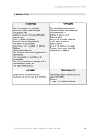 Sistema De información Integrado Hacia El 2010
8. ANALISIS FODA
DEBILIDADES
Falta de manuales de procedimientos
Escasa concurrencia de los docentes e
investigadores al SII
Inadecuada selección del material bibliográfico
Listas de espera
Producción intelectual dispersa
Escasa cooperación interinstitucional
Poca difusión de las actividades
Fragmentación entre el depósito y la Biblioteca
Catiñeiras
Infraestructura inadecuada.
Falta de difusión de los servicios y productos de
las bibliotecas.
Poca contemplación de los problemas de
discapacitados.
Falta de personal dedicado a tareas específicas
como referencista online o dsi
Falta reglamento actualizado
FORTALEZAS
Personal bibliotecario especializado
Interiorización de las autoridades con el
funcionamiento del SII
Software de Gestión abierto
Estantería abierta
Alto grado de producción Intelectual
Horario amplio de atención
Sistema unificado
Grado de informatización avanzado
Recursos Humanos para desarrollar
equipamientos tecnológicos
AMENAZAS
Posible Falta de recursos económicos
No alcanzar los requerimientos de la CONEAU
OPORTUNIDADES
Programas que apoyan la enseñanza de la
ingeniería (PROMEI)
Sponsors
Cooperación con otras Instituciones
Proyecto Para El Concurso Del Cargo De Dirección del SII - Olga Edith Stábile 22
 