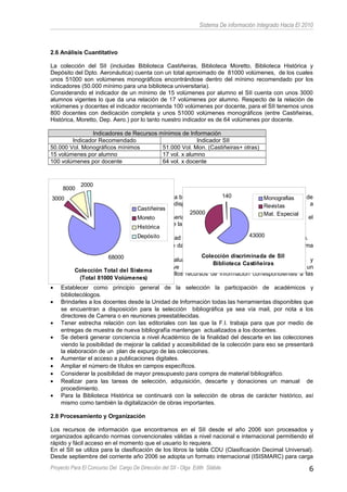 Sistema De información Integrado Hacia El 2010
2.6 Análisis Cuantitativo
La colección del SII (incluidas Biblioteca Castiñeiras, Biblioteca Moretto, Biblioteca Histórica y
Depósito del Dpto. Aeronáutica) cuenta con un total aproximado de 81000 volúmenes, de los cuales
unos 51000 son volúmenes monográficos encontrándose dentro del mínimo recomendado por los
indicadores (50.000 mínimo para una biblioteca universitaria).
Considerando el indicador de un mínimo de 15 volúmenes por alumno el SII cuenta con unos 3000
alumnos vigentes lo que da una relación de 17 volúmenes por alumno. Respecto de la relación de
volúmenes y docentes el indicador recomienda 100 volúmenes por docente, para el SII tenemos unos
800 docentes con dedicación completa y unos 51000 volúmenes monográficos (entre Castiñeiras,
Histórica, Moretto, Dep. Aero.) por lo tanto nuestro indicador es de 64 volúmenes por docente.
Indicadores de Recursos mínimos de Información
Indicador Recomendado Indicador SII
50.000 Vol. Monográficos mínimos 51.000 Vol. Mon. (Castiñeiras+ otras)
15 volúmenes por alumno 17 vol. x alumno
100 volúmenes por docente 64 vol. x docente
2.7 Propuestas
Es importante señalar que la base de una buena biblioteca universitaria es la adecuada selección de
los recursos de información, junto con la disponibilidad de volúmenes físicos o accesos a
publicaciones digitales.
Para mejorar la colección se proponen una seria de acciones a realizar teniendo en cuenta el
mejoramiento de los indicadores, la eficiencia de la inversión y la evaluación de la demanda.
• Tener criterios de suficiencia es decir cantidad de material disponible de acuerdo a la demanda.
• Realizar estadísticas para la recolección de datos del área y entregarlas a la dirección en forma
periódica.
• Realizar un proceso permanente de evaluación que permita determinar las fortalezas y
debilidades de la colección y que conlleve la adopción de medidas tendientes a lograr un
equilibrio y coherencia, fortaleciendo aquellos recursos de información correspondientes a las
áreas mas demandadas por los usuarios.
• Establecer como principio general de la selección la participación de académicos y
bibliotecólogos.
• Brindarles a los docentes desde la Unidad de Información todas las herramientas disponibles que
se encuentran a disposición para la selección bibliográfica ya sea vía mail, por nota a los
directores de Carrera o en reuniones preestablecidas.
• Tener estrecha relación con las editoriales con las que la F.I. trabaja para que por medio de
entregas de muestra de nueva bibliografía mantengan actualizados a los docentes.
• Se deberá generar conciencia a nivel Académico de la finalidad del descarte en las colecciones
viendo la posibilidad de mejorar la calidad y accesibilidad de la colección para eso se presentará
la elaboración de un plan de expurgo de las colecciones.
• Aumentar el acceso a publicaciones digitales.
• Ampliar el número de títulos en campos específicos.
• Considerar la posibilidad de mayor presupuesto para compra de material bibliográfico.
• Realizar para las tareas de selección, adquisición, descarte y donaciones un manual de
procedimiento.
• Para la Biblioteca Histórica se continuará con la selección de obras de carácter histórico, así
mismo como también la digitalización de obras importantes.
2.8 Procesamiento y Organización
Los recursos de información que encontramos en el SII desde el año 2006 son procesados y
organizados aplicando normas convencionales válidas a nivel nacional e internacional permitiendo el
rápido y fácil acceso en el momento que el usuario lo requiera.
En el SII se utiliza para la clasificación de los libros la tabla CDU (Clasificación Decimal Universal).
Desde septiembre del corriente año 2006 se adopta un formato internacional (ISISMARC) para carga
Proyecto Para El Concurso Del Cargo De Dirección del SII - Olga Edith Stábile 6
Colección Total del Sistema
(Total 81000 Volúmenes)
68000
3000
8000
2000
Castiñeiras
Moreto
Histórica
Depósito
Colección discriminada de SII
Biblioteca Castiñeiras
43000
25000
140 Monografias
Revistas
Mat. Especial
 