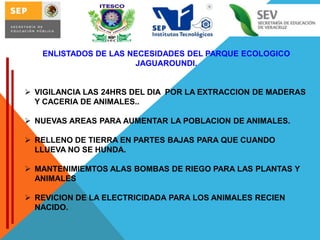 ENLISTADOS DE LAS NECESIDADES DEL PARQUE ECOLOGICO
JAGUAROUNDI.

 VIGILANCIA LAS 24HRS DEL DIA POR LA EXTRACCION DE MADERAS
Y CACERIA DE ANIMALES..
 NUEVAS AREAS PARA AUMENTAR LA POBLACION DE ANIMALES.
 RELLENO DE TIERRA EN PARTES BAJAS PARA QUE CUANDO
LLUEVA NO SE HUNDA.
 MANTENIMIEMTOS ALAS BOMBAS DE RIEGO PARA LAS PLANTAS Y
ANIMALES

 REVICION DE LA ELECTRICIDADA PARA LOS ANIMALES RECIEN
NACIDO.

 