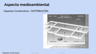 Aspecto medioambiental
Aspectos Constructivos - DISTRIBUCIÓN
Aspectos Constructivos Materiales Forma
 