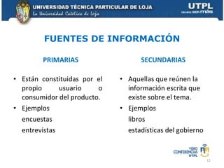 FUENTES DE INFORMACIÓN PRIMARIAS Están constituidas por el propio usuario o consumidor del producto. Ejemplos encuestas entrevistas SECUNDARIAS Aquellas que reúnen la información escrita que existe sobre el tema. Ejemplos libros estadísticas del gobierno 