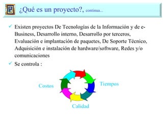 Existen proyectos De Tecnologías de la Información y de e-Business, Desarrollo interno, Desarrollo por terceros, Evaluación e implantación de paquetes, De Soporte Técnico, Adquisición e instalación de hardware/software, Redes y/o comunicaciones Se controla : ¿Qué es un proyecto?,  continua... Costos Tiempos Calidad 