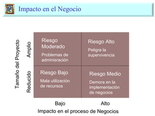 Impacto en el Negocio Tamaño del Proyecto Impacto en el proceso de Negocios Bajo Alto Amplio Riesgo Alto   Peligra la supervivencia Riesgo Moderado Problemas de adminisración Riesgo Bajo Mala utilización de recursos Riesgo Medio Demora en la implementación de negocios Reducido 