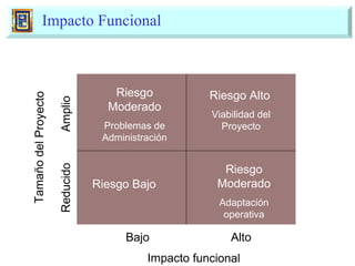 Impacto Funcional Impacto funcional Bajo Alto Riesgo Alto   Viabilidad del Proyecto Riesgo Moderado Problemas de Administración Riesgo Bajo Riesgo Moderado Adaptación operativa Tamaño del Proyecto Reducido Amplio 