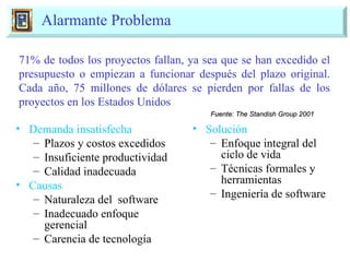 Alarmante Problema Solución Enfoque integral del ciclo de vida Técnicas formales y herramientas Ingeniería de software 71% de todos los proyectos fallan, ya sea que se han excedido el presupuesto o empiezan a funcionar después del plazo original. Cada año, 75 millones de dólares se pierden por fallas de los proyectos en los Estados Unidos Fuente: The Standish Group 2001 Demanda insatisfecha Plazos y costos excedidos Insuficiente productividad Calidad inadecuada Causas Naturaleza del  software Inadecuado enfoque gerencial Carencia de tecnología 
