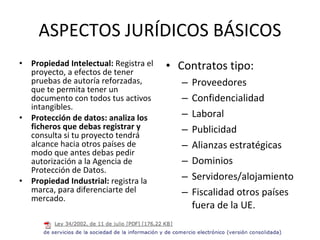 ASPECTOS JURÍDICOS BÁSICOS Propiedad Intelectual:  Registra el proyecto, a efectos de tener pruebas de autoría reforzadas, que te permita tener un documento con todos tus activos intangibles. Protección de datos: analiza los ficheros que debas registrar y  consulta si tu proyecto tendrá alcance hacia otros países de modo que antes debas pedir autorización a la Agencia de Protección de Datos. Propiedad Industrial:  registra la marca, para diferenciarte del mercado. Contratos tipo: Proveedores Confidencialidad Laboral Publicidad Alianzas estratégicas Dominios Servidores/alojamiento Fiscalidad otros países fuera de la UE. LSSI 