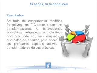 Resultados
Se trata de experimentar modelos
formativos con TICs que provoquen
transformaciones e innovaciones
educativas extensivas a colectivos
docentes cada vez más amplios, y
que éstas se orienten para hacer de
los profesores agentes activos y
transformadores de sus prácticas.
Si sabes, tu te conduces
 