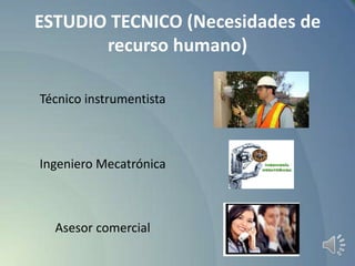ESTUDIO TECNICO (Necesidades de
recurso humano)
Técnico instrumentista

Ingeniero Mecatrónica

Asesor comercial

 