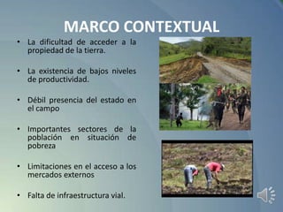 MARCO CONTEXTUAL
• La dificultad de acceder a la
propiedad de la tierra.
• La existencia de bajos niveles
de productividad.
• Débil presencia del estado en
el campo
• Importantes sectores de la
población en situación de
pobreza
• Limitaciones en el acceso a los
mercados externos
• Falta de infraestructura vial.

 