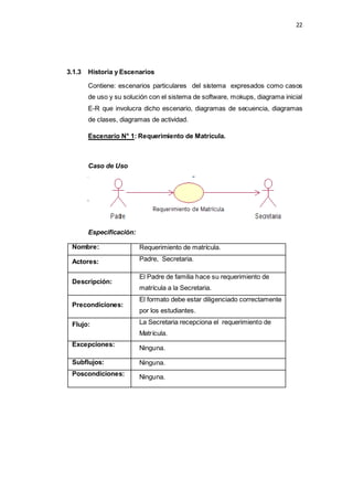 22
3.1.3 Historia y Escenarios
Contiene: escenarios particulares del sistema expresados como casos
de uso y su solución con el sistema de software, mokups, diagrama inicial
E-R que involucra dicho escenario, diagramas de secuencia, diagramas
de clases, diagramas de actividad.
Escenario N° 1: Requerimiento de Matrícula.
Caso de Uso
Especificación:
Nombre: Requerimiento de matrícula.
Actores: Padre, Secretaria.
Descripción:
El Padre de familia hace su requerimiento de
matrícula a la Secretaria.
Precondiciones:
El formato debe estar diligenciado correctamente
por los estudiantes.
Flujo: La Secretaria recepciona el requerimiento de
Matrícula.
Excepciones:
Ninguna.
Subflujos: Ninguna.
Poscondiciones: Ninguna.
 