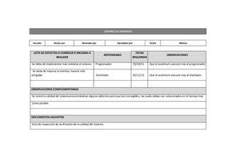 LISTA DE DEFECTOS A CORREGIR O MEJORAS A
REALIZAR
RESPONSABLE
FECHA
REQUERIDA
OBSERVACIONES
Se debe de implementar más módulos al sistema Programador 25/10/11 Que el analistale asesore más al programador
Se debe de mejorar la interfaz, hacerlo más
amigable Diseñador 01/11/11 Que el analistale asesore más al diseñador.
OBSERVACIONES COMPLEMENTARIAS
Se revisóla calidad del sistemaencontrándose algunos defectos pero que son corregibles, las cuales deben ser solucionados en el tiempo mas
Corto posible.
DOCUMENTOS ADJUNTOS
Acta de inspección de verificación de la calidad del sistema.
CONTROL DE VERSIONES
Versión Hecha por Revisada por Aprobada por Fecha Motivo
 