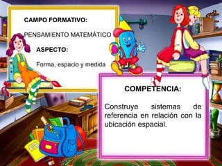 CAMPO FORMATIVO:
PENSAMIENTO MATEMÁTICO
ASPECTO:
Forma, espacio y medida
COMPETENCIA:
Construye sistemas de
referencia en relación con la
ubicación espacial.
 