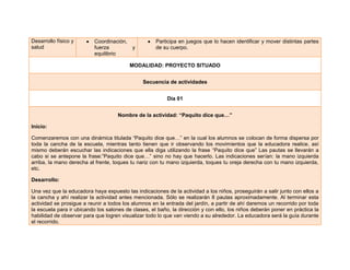 Desarrollo físico y
salud
Coordinación,
fuerza y
equilibrio
Participa en juegos que lo hacen identificar y mover distintas partes
de su cuerpo.
MODALIDAD: PROYECTO SITUADO
Secuencia de actividades
Día 01
Nombre de la actividad: “Paquito dice que…”
Inicio:
Comenzaremos con una dinámica titulada “Paquito dice que…” en la cual los alumnos se colocan de forma dispersa por
toda la cancha de la escuela, mientras tanto tienen que ir observando los movimientos que la educadora realice, así
mismo deberán escuchar las indicaciones que ella diga utilizando la frase “Paquito dice que” Las pautas se llevarán a
cabo si se antepone la frase:”Paquito dice que…” sino no hay que hacerlo. Las indicaciones serían: la mano izquierda
arriba, la mano derecha al frente, toques tu nariz con tu mano izquierda, toques tu oreja derecha con tu mano izquierda,
etc.
Desarrollo:
Una vez que la educadora haya expuesto las indicaciones de la actividad a los niños, proseguirán a salir junto con ellos a
la cancha y ahí realizar la actividad antes mencionada. Sólo se realizarán 8 pautas aproximadamente. Al terminar esta
actividad se prosigue a reunir a todos los alumnos en la entrada del jardín, a partir de ahí daremos un recorrido por toda
la escuela para ir ubicando los salones de clases, el baño, la dirección y con ello, los niños deberán poner en práctica la
habilidad de observar para que logren visualizar todo lo que van viendo a su alrededor. La educadora será la guía durante
el recorrido.
 