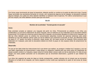 Con forme vayan terminando de trazar la trayectoria, deberán escribir su nombre en la parte de atrás de la hoja. Cuando
hayan terminado nos reuniremos formando un círculo y ahí revisaremos algunos de los trabajos, la educadora mostrará
algunos trabajos, los cuales los niños deberán identificar si realizaron bien el ejercicio. Por último comentaremos lo que
son los croquis y los niños deberán concluir para que nos sirven.
Día 03
Nombre de la actividad: “Construyendo mi escuela”
Inicio:
Esta actividad consiste en elaborar una maqueta del jardín de niños. Primeramente se plateará a los niños una
problemática, la cual será la elaboración de dicha maqueta, esta se realizará con los materiales que la educadora deberá
proporcionar. En la placa de unicel que será la base de la maqueta, se encontrará dibujado el croquis de la maqueta y en
ella los niños deberán poner en práctica los conocimientos adquiridos durante las sesiones anteriores para poder
identificar en que sitio deberán colocar cada uno de los edificios que conforman la escuela, es decir, las diferentes aulas
de clase (2° y 3° grado), los baños, la dirección, áreas verdes, etc. Así hasta concluir su maqueta. Dicho producto será
elaborado en 2 equipos, para esto la educadora deberá de dividir el grupo en dos equipos antes de proporcionar los
materiales.
Desarrollo:
Ya que se han dado todas las instrucciones de lo que tienen que realizar, se prosigue a realizar los 2 equipos y una vez
que estén organizados se proporcionará a cada equipo su respectivo material para que entre todos los integrantes de
equipo puedan construir su maqueta y sepan ubicar en donde deben colocar cada uno de los elementos. En caso de que
tengan una duda pueden acercarse con la educadora que se encontrará observando y guiando lo que realizan los
alumnos.
Los niños irán pegando las aulas de clase en donde correspondan, pueden ubicarse con el croquis que se encuentra
dibujado en la base de la maqueta, así mismo pegarán el arroz verde que representa en pasto en las zonas de áreas
verdes.
 