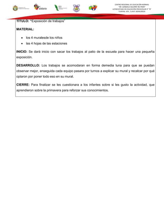 CENTRO REGIONAL DE EDUCACIÓN NORMAL
“DR. GONZALO AGUIRRE BELTRÁN”
LICENCIATURA EN EDUCACIÓN PREESCOLAR 4° “B”
TUXPAN, VER., CLAVE 30DNL0002X
TÍTULO: “Exposición de trabajos”
MATERIAL:
los 4 muralesde los niños
las 4 hojas de las estaciones
INICIO: Se dará inicio con sacar los trabajos al patio de la escuela para hacer una pequeña
exposición.
DESARROLLO: Los trabajos se acomodaran en forma demedia luna para que se puedan
observar mejor, enseguida cada equipo pasara por turnos a explicar su mural y recalcar por qué
optaron por poner todo eso en su mural.
CIERRE: Para finalizar se les cuestionara a los infantes sobre si les gusto la actividad, que
aprendieron sobre la primavera para reforzar sus conocimientos.
 